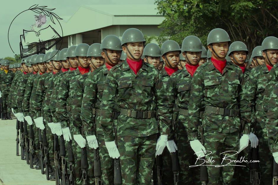 Serious ethnic soldiers lining up during military ceremony