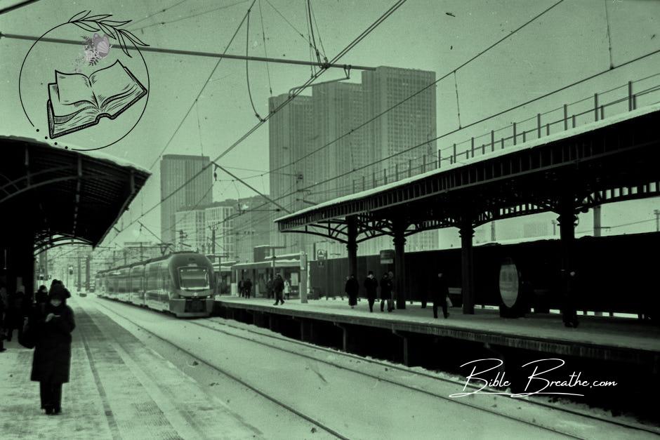 Black and White Photo of Train Approaching Station