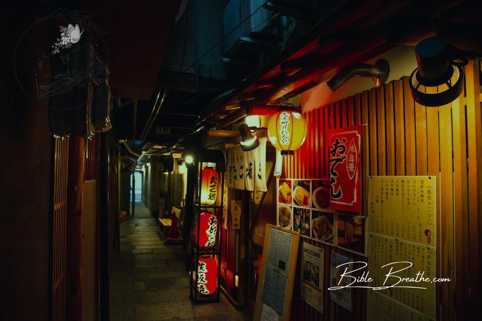Narrow street with traditional Japanese izakaya bars decorated with hieroglyphs and traditional red lanterns in evening
