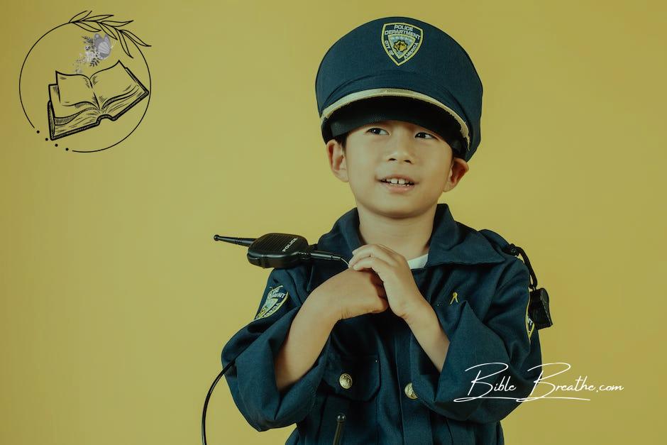 Pleasant Asian boy in police uniform and cap looking away while standing with hands near chest in studio on yellow background