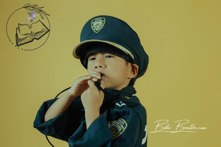 Confident Asian boy in police uniform holding in hands whistle and blowing while standing in studio on yellow background and looking away