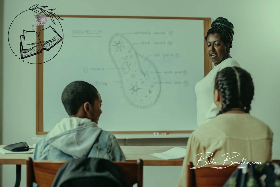 Back view of diverse children at desk listening to black female teacher at whiteboard during biology lesson