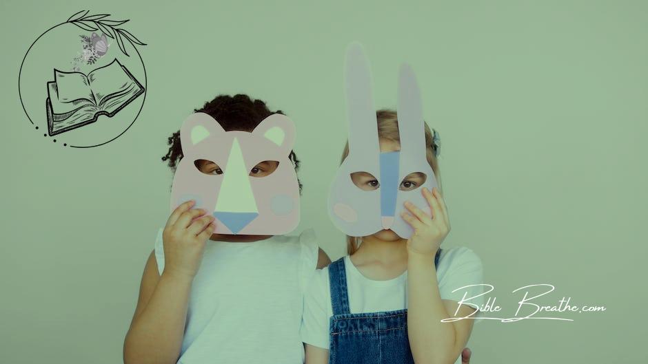 Two Kids Covering Their Faces With a Cutout Animal Mask