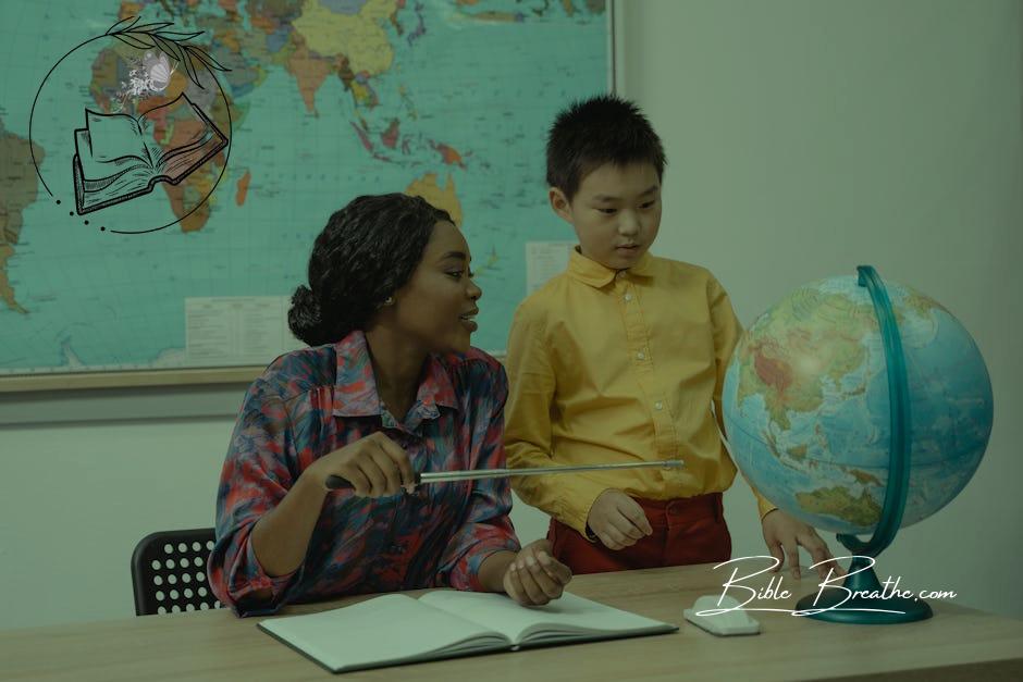 Teacher Pointing at a Globe using a Pointer