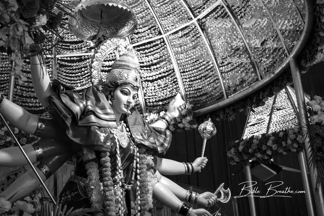 An idol of Maa Durga Devi at a temple in Mumbai, India during Navratri 2019